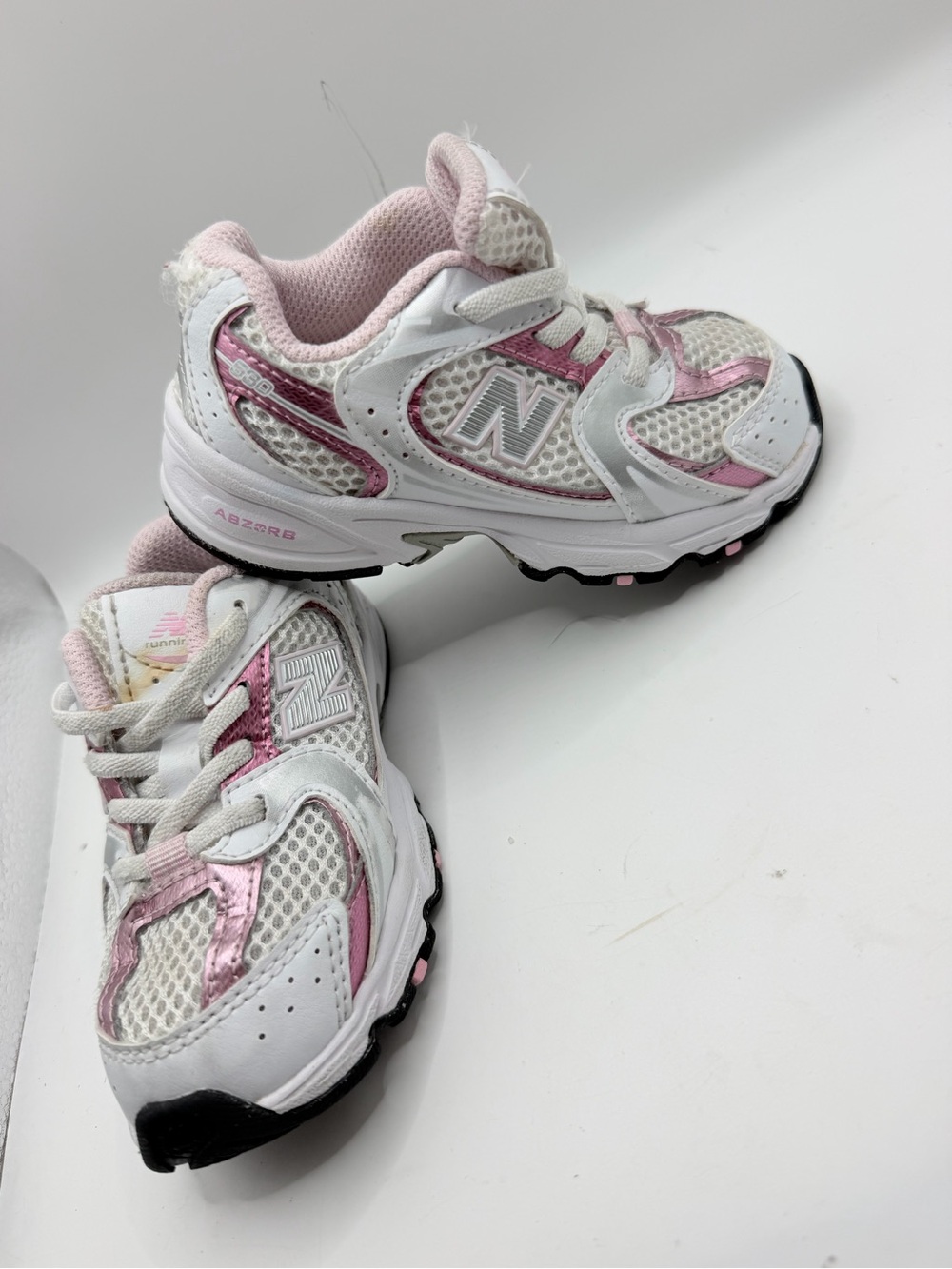 New Balance Kids White and Light Pink Mesh Athletic Sneakers